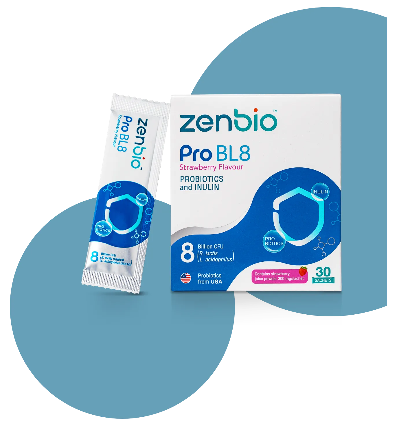 A box and sachet package of Zenbio Pro BL8, a probiotics and inulin supplement.