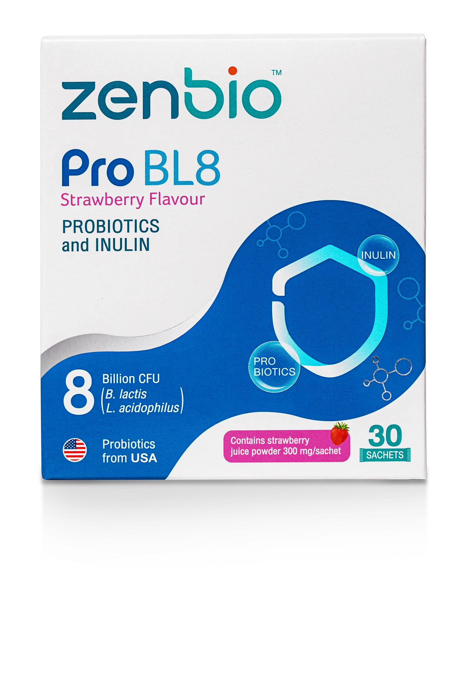 a box package of Zenbio Pro BL8, a probiotics and inulin supplement.