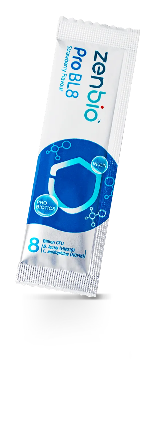 A sachet package of Zenbio, a probiotics and inulin supplement.